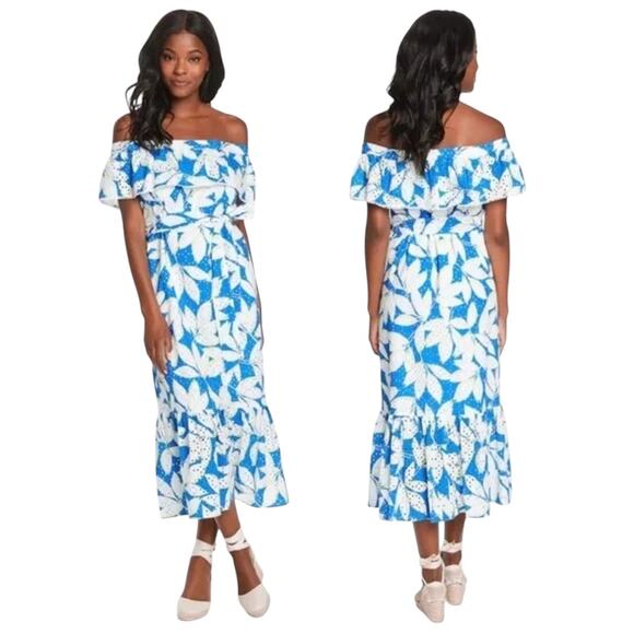 Draper James Sapphire Blue Eyelet Off The Shoulder Midi Flounce Dress - Picture 1 of 12